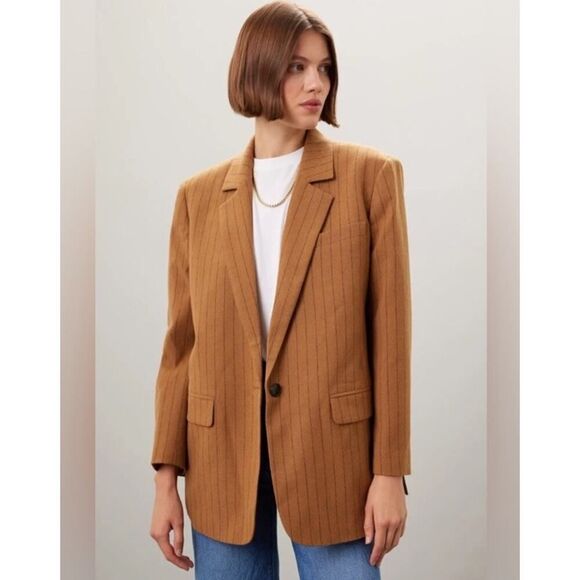 NWT Madewell Womens Oversized Blazer Brown Stripe 6 Wool Blend Single Breasted - Picture 4 of 13
